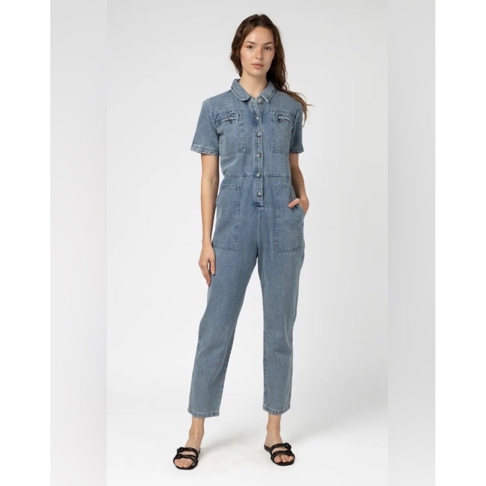 Mod Ref Nova Blue Denim Short Sleeve Utility Button Front Boiler Jumpsuit Small